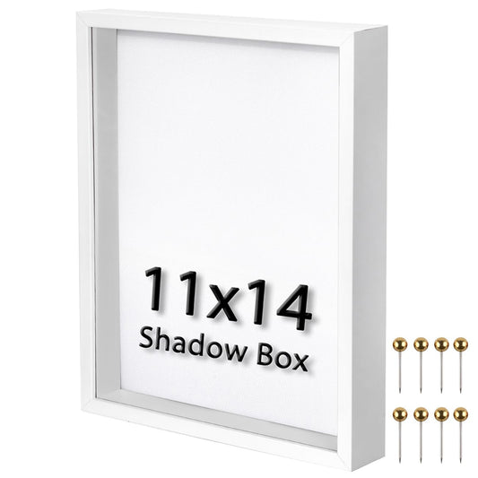 11x14 Shadow Box Frame | Soft Linen Back & Push Pins Included, Polystyrene Glass Memory Display Case for Flowers, Tickets & Cherished 3D Items, White