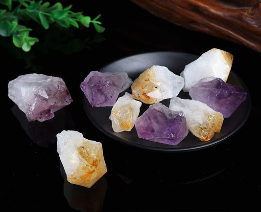 JIC Gem Mix 11-13 pcs Rough Amethyst & Citrine Crystal Point Raw Natural Stones for Jewelry Making, Wire Wrapping, Reiki Crystal Healing (Deep Color)