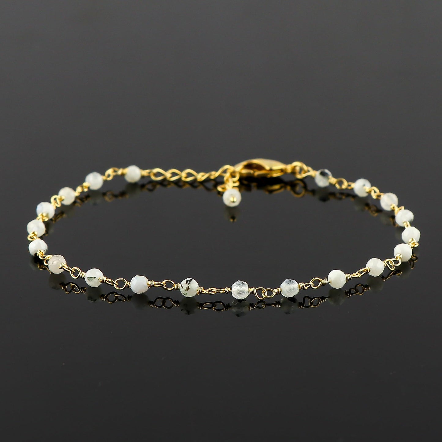 CRYSTALINES Natural Rainbow Moonstone Gemstone Cluster Bracelet, 14K Gold Plated Rosary Chain, Handmade Bohemian Women Jewelry, Healing Crystals Beads, June Birthstone (Approx. 7+1inch)