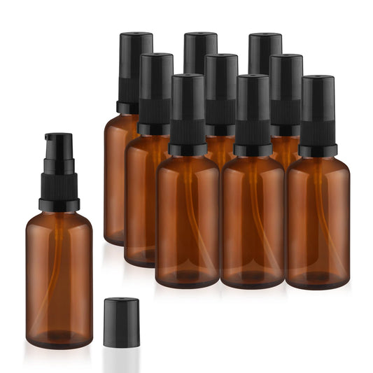 10 Pack Empty Amber Glass Pump Bottles Refillable Cream Lotion Bottles Travel Cosmetic Dispenser Bottle for Sample,Liton,Cream,Liquids Aromatherapy and More (50ml/1.7oz)