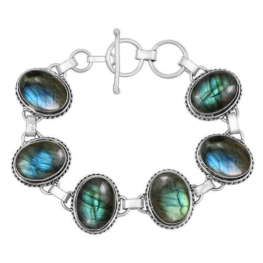 Natural Labradorite Silver Plated Handmade Link Bracelet for Women - Oval Gemstone Adjustable Bracelet Vintage Style Bohemian Jewelry - Mother's Day Gifts for Her