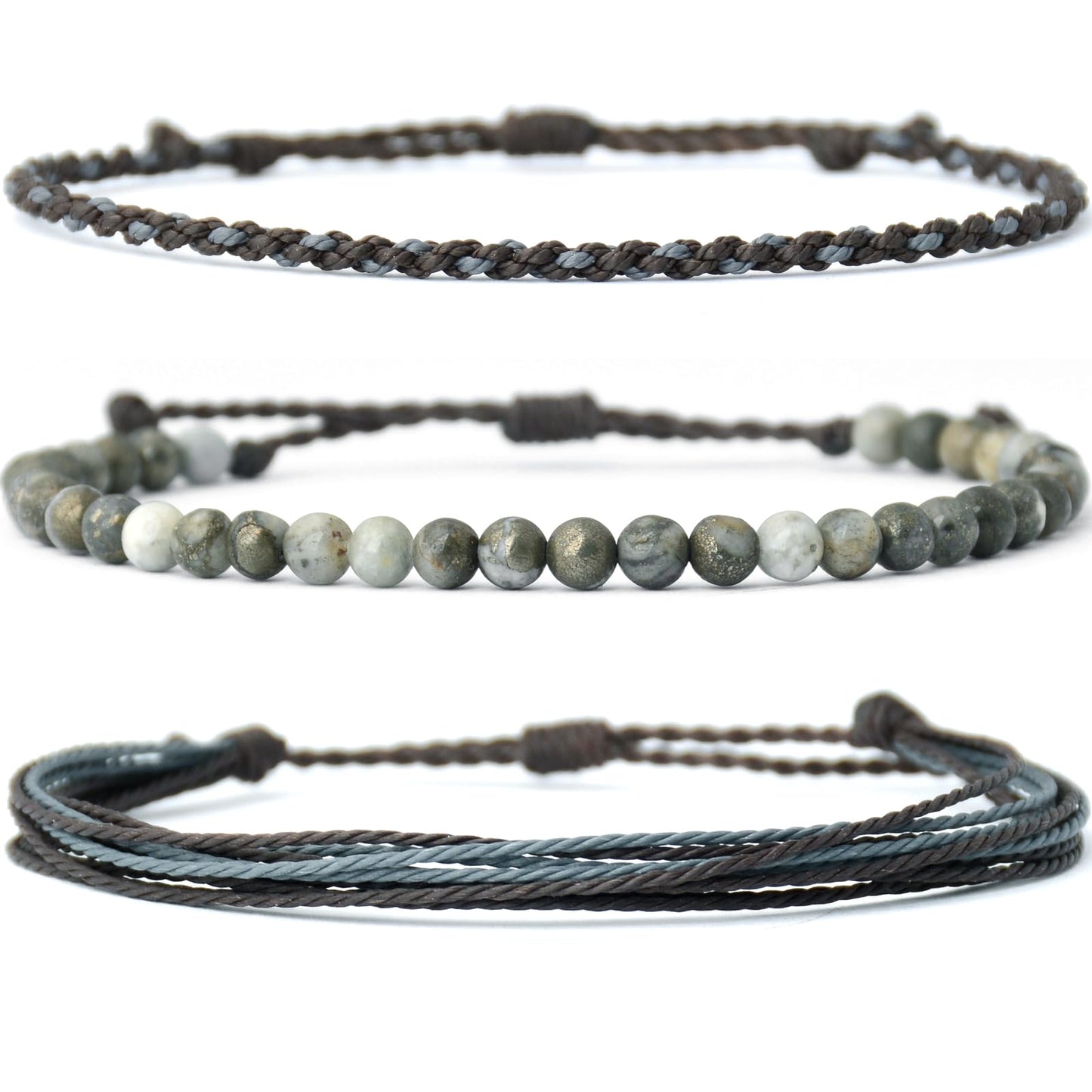 Handmade Natural Stone Beaded Healing Bracelet Gift for Men Adjustable Rope String Bracelet (Pyrite associated with white quartz ore)