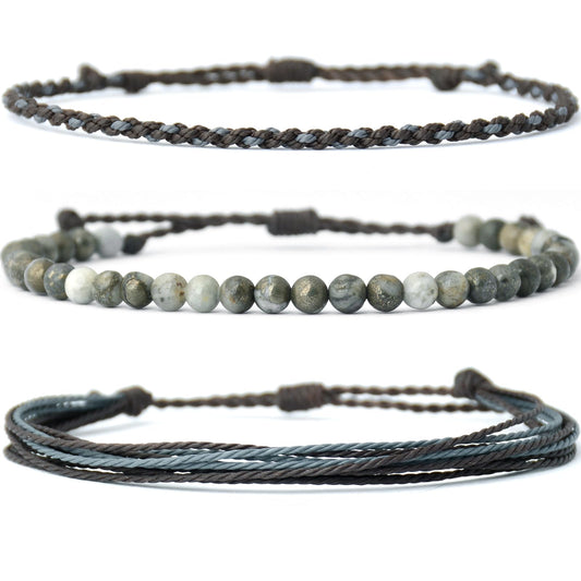 Handmade Natural Stone Beaded Healing Bracelet Gift for Men Adjustable Rope String Bracelet (Pyrite associated with white quartz ore)