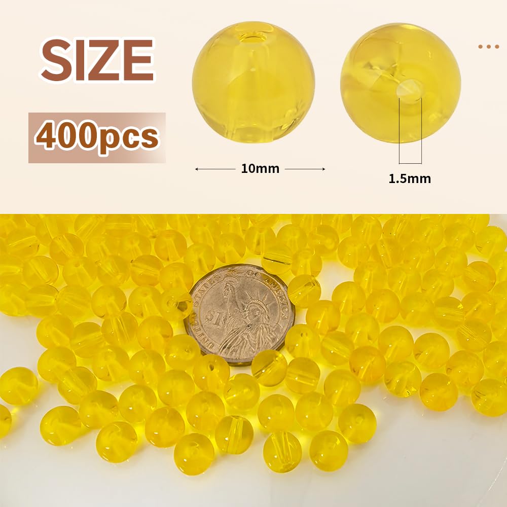 PAMIR TONG 400pcs 8mm Round Glass Beads for Bracelet Pretty Smooth Loose Beads for Necklace-Earring-Jewelry Making and DIY Crafts (Clear Yellow)