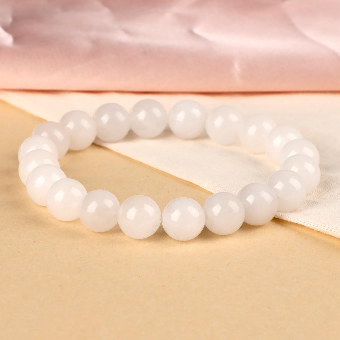 LPBeads Handmade Natural Gemstone Stretch Elastic Bracelet Healing Crystal Round Stone Beads Jewelry Gifts for Women Men (White Jade, 10mm)