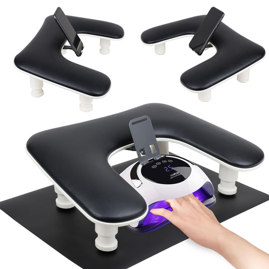 Arm Rest for Nails Tech with Nail Table Mat and Phone Holder,Adjustable Base U-shaped Manicure Nail Hand Rest Stand Pillow Cushion(Black)