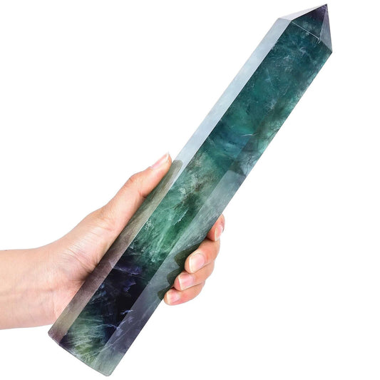 AMOYSTONE Extra Large Healing Crystal Obelisk Towers Green Purple Fluorite Point Wand Home Decor Reiki Healing 2.2-2.6LBS