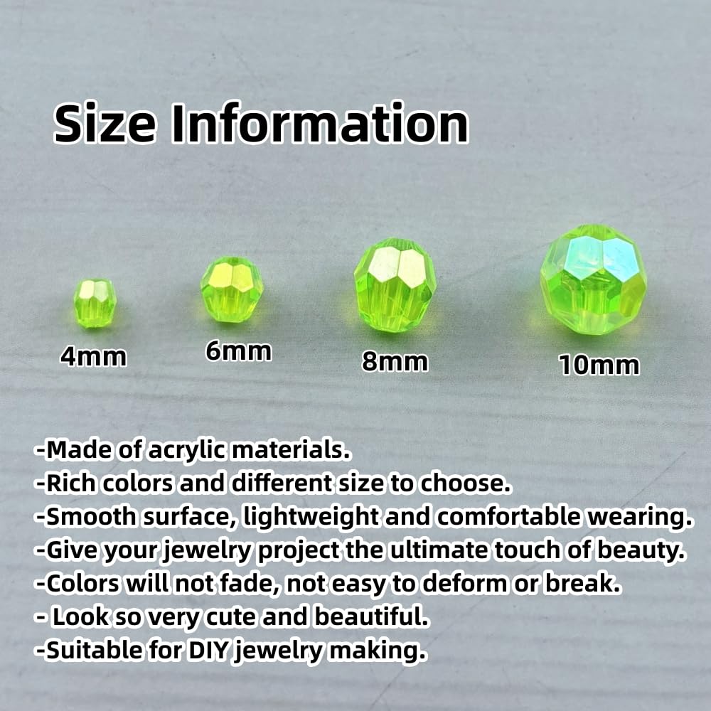 Pinhoollgo 1800pcs Acrylic Faceted Round Beads 4mm 6mm 8mm 10mm AB Colors Glossy Acrylic Round Spacer Beads for DIY Bracelet Necklace Jewelry Making Supplies Handmade Craft(Fluorescent Green AB)