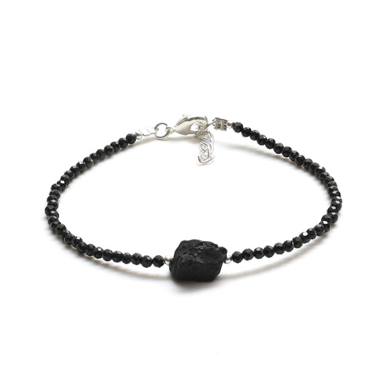 Gempires Natural Black Spinel Beaded Bracelet With Raw Gemstone Crystal Jewelry Hypoallergenic 8 Inch Silver Plated Lightweight Handmade Jewelry Gifts For Her