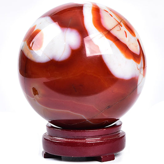 JIC Gem Large Red Agate Crystal Ball 4 inch(100mm) Round Healing Crystals Decorative Sphere with Wooden Stand Meditation Witchcraft Home Decor