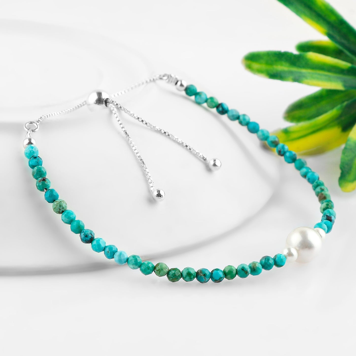 CRYSTALINES Genuine Turquoise Gemstone Bolo Bracelet, Cultured Pearl Beads Stones, Hypoallergenic Handmade Boho Jewelry for Women, Healing Crystals, Silver Chain 6+4inch, December Birthday Gift