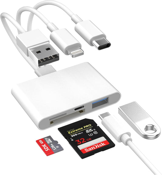 Ardaddyn 4-in-1 3.0 SD Card Reader for iPhone iPad Mac, USB-C+Lightning+USB OTG Adapter, Fast Transfer from Camera