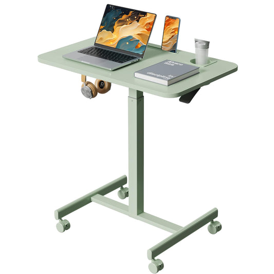 Liftsync Mobile Standing Desk, 28 inch Rolling Laptop Cart Adjustable Height with Cup Holder, Portable Table with 4 Lockable Wheels, Green Computer Workstation with Hook and Slots for Home Office