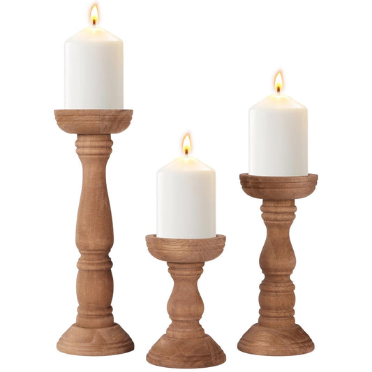 Set of 3 Farmhouse Wooden Candle Holders for Pillar Candles, Rustic Candle Stand Table Centerpiece Decor with Height Variety for Living Room, Fits 3-Inch Candles