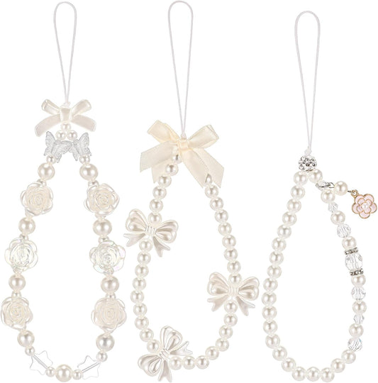 3 Ecally Pcs Phone Charms Strap Camera Charm Strap Pearl Beaded Butterfly Bow Flower Cute Phone Wrist Lanyard Bracelet