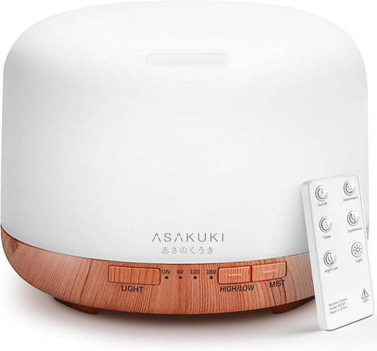 ASAKUKI Essential Oil Diffuser - 500ML Aromatherapy Humidifier with Remote Control & 7 LED Colors | Quiet Cool Mist for Home & Office (Yellow)