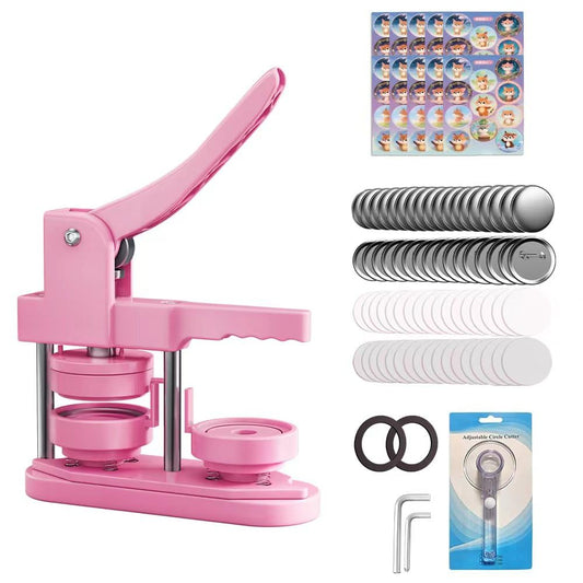 FreeingBAG Button Maker Machine 58mm - (3 Gen) Installation-Free (2.25in) DIY Badge Button Maker Press Machine Badge Punch Press with 100pcs Button Parts Pictures (Pink, 2.25 inch / 58mm)