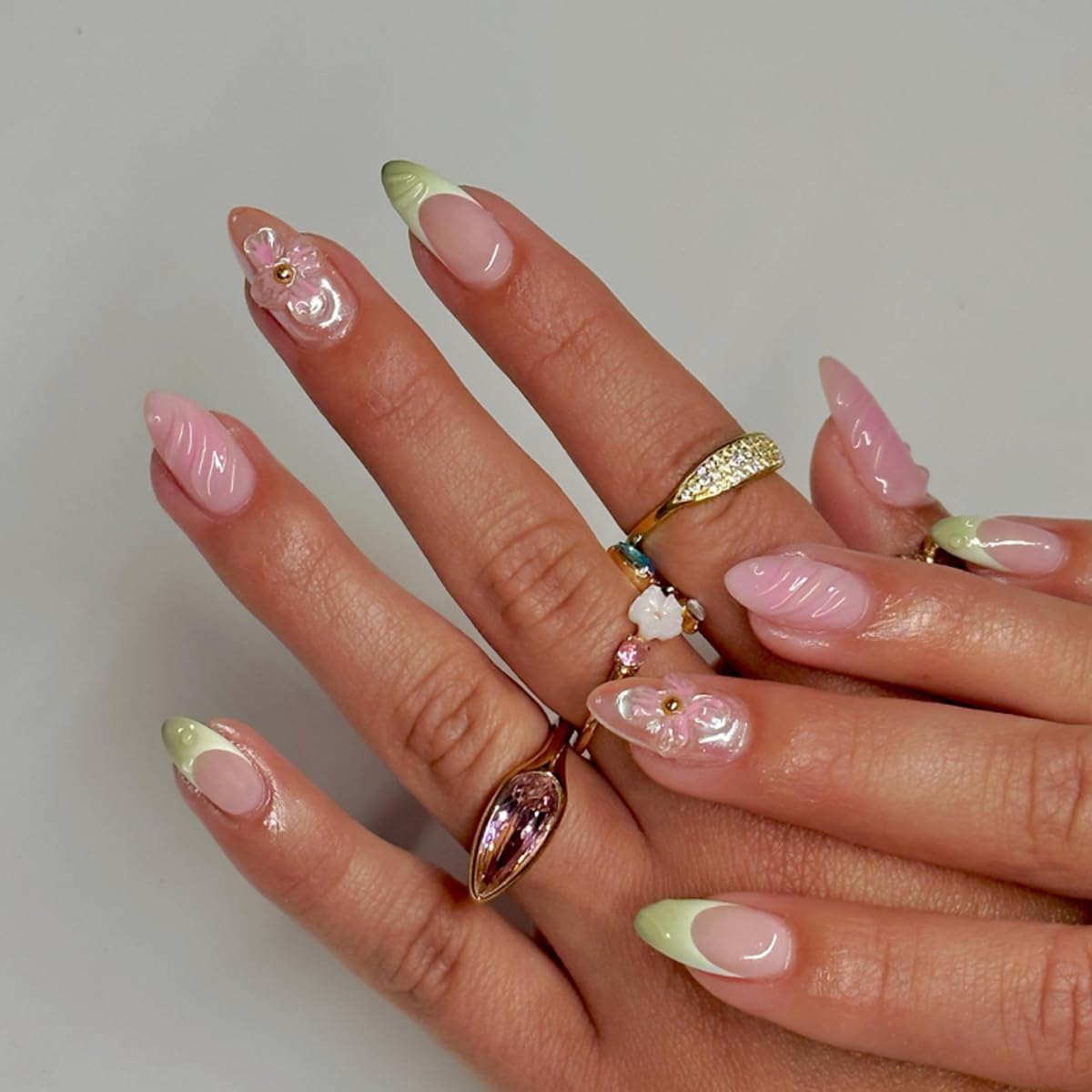 Press On Nails Medium Almond Shape – 24PCS Reusable Fake Nails with 3D Flowers, Pearls, Pink and Green French Tips, Glossy Stick On Nails for Women and Girls, Easy to Apply, Long Lasting