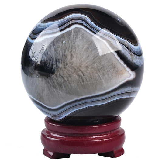 JIC Gem 2.7-3.1 inch(70-80mm) Large Black Onyx Agate Crystal Ball Round Healing Crystals Decorative Sphere with Wooden Stand Meditation Witchcraft Home Decor