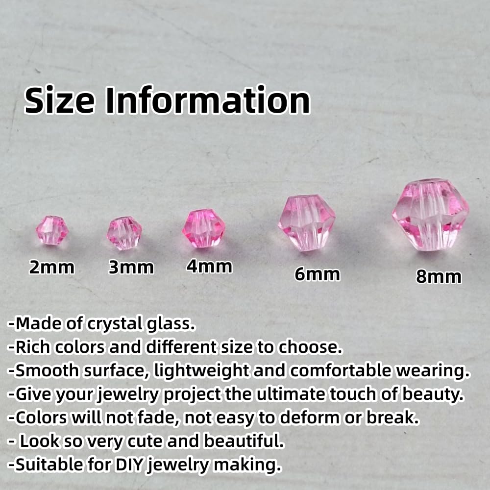 Pinhoollgo 1310pcs Bicone Crystal Glass Beads 2mm 3mm 4mm 6mm 8mm Faceted Crystal Spacer Beads for Bracelets Necklace Pendants Earrings DIY Jewelry Craft Making(Pink)