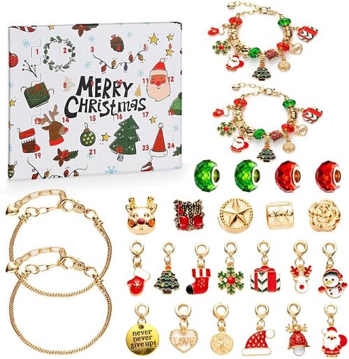Gold Christmas Advent Calendar Bracelet - 24-Day Countdown Kit with DIY Jewelry & Charms for Girls 6-18