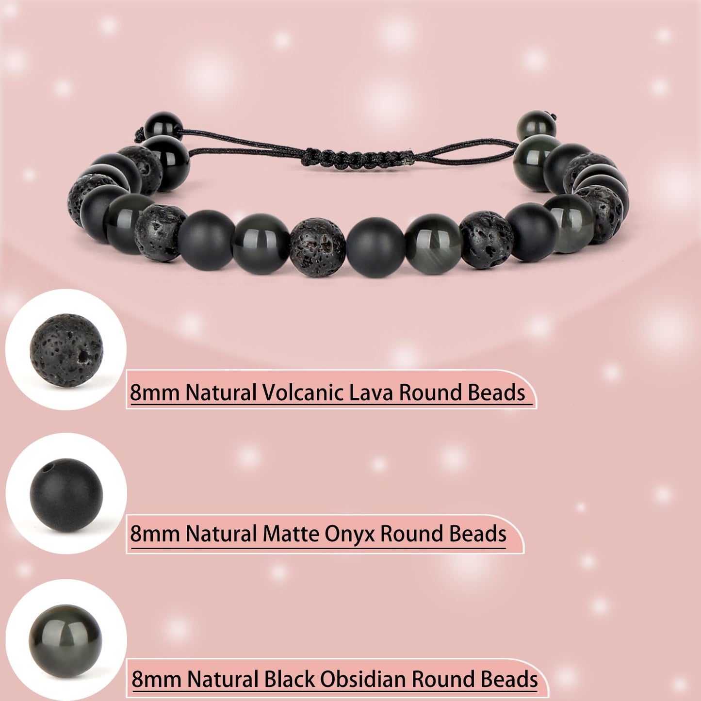 LPBeads 8mm Onyx Lava Obsidian Mixed stone Bracelet with Handmade Rope Bracelet Size Adjustable Natural Stone Crystal Healing Bracelets Gifts for Unisex Adults