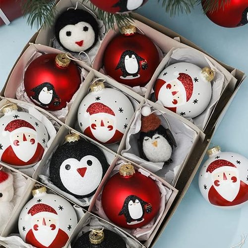 DN DECONATION Black and White Christmas Ornament - Cute Hand-Painted Santa Ball for Xmas Tree