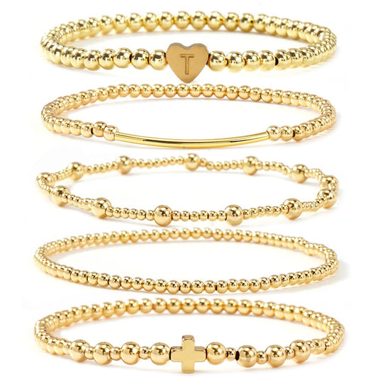 14K Gold Cross Beaded Initial Bracelet Stack for Women,Dainty Stretch Gold Plated Letter “T” Stackable Bracelets Bohemian Layered Prom Party Accessories Jewelry Gift Friendship