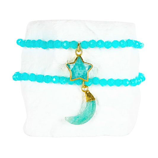 Amazonite Bracelet Party Favor for Girls, Toddler Bracelet with Certified 925 Sterling Silver 18K Gold Vermeil Amazonite Crystal Star Charm, Natural Non-Toxic Organic Gift