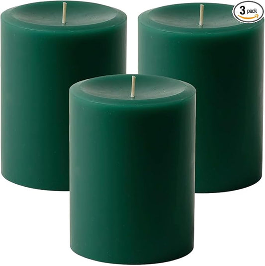 Mister Candle Dripless Unscented Pillar Candles, Set of 3 Hand Poured Solid Color Non-Scented Candles for Home Decor, Premium Wax, 60 Hr Burn Time - 3x4 Inch, Green