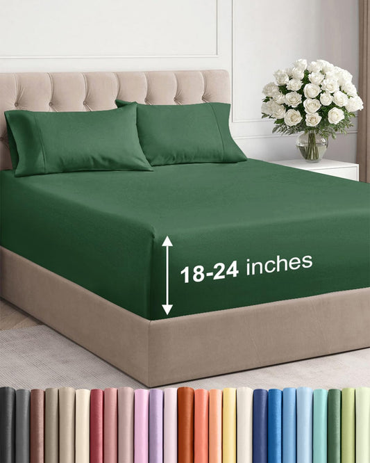 Skiennix Extra Deep Twin Sheet Set - 4-Piece Breathable Cooling Bedding - Soft Wrinkle-Free Emerald Green