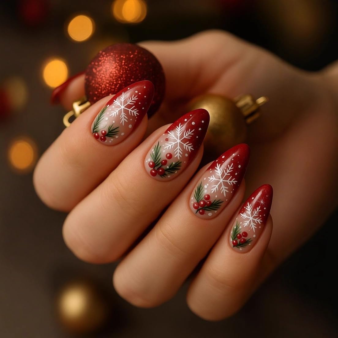 Red French Tip Snowflake Press on Nails Christmas Glossy Almond Fake Nails with Cherry Designs Full Cover Reusable Acrylic Nails Christmas Medium Cute Glue on Nails for Women 24Pcs