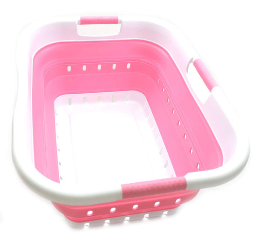 SAMMART 41L Collapsible 3 Handled Plastic Laundry Basket - Foldable Pop Up Storage Container/Organizer - Portable Basket - Space Saving Hamper/Basket (3 handled rectangular, White/Pink)