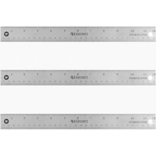 Westcott Stainless Steel Ruler Set with Non-Slip Cork Backing, Easy to Read Etched Markings, Flexible and Sturdy Design, for Crafting, Office, Classroom, Back to School Supplies, 12-Inch, 3 Pack