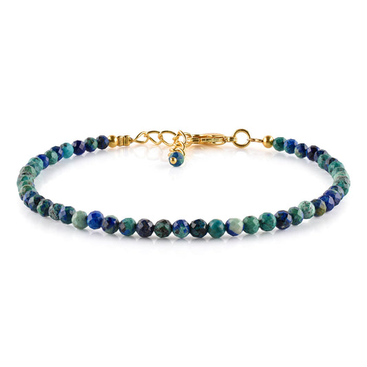 Natural Azurite Gemstone Micro Beads Dainty Bracelet Jewelry for Women, Chakra Energy Crystals, 14k Gold Plated Chain 8 inch Adjustable