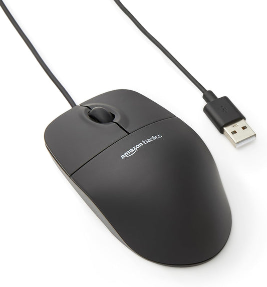 Amazon Basics 3-Button Wired USB Mouse - Design, Black