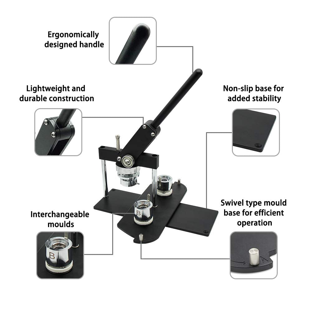ChiButtons Button Maker Kit 44mm (1 3/4") Badge Press Machine-B400 + 44mm Round Die Moulds + 100 Set Pin Button Components + Adjustable Circle Cutter (Black-New)