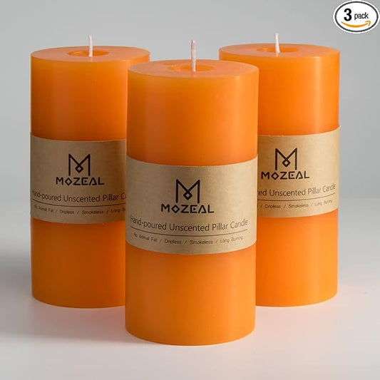 MOZEAL 3" x 6" Hand-Poured Unscented Candle,Dripless Pillar Candle Set of 3,Long Lasting Burning,Approx 120 Hours Burn Time,Rustic Country Style,for Wedding,Dinner,Christmas and Home Decor,Orange