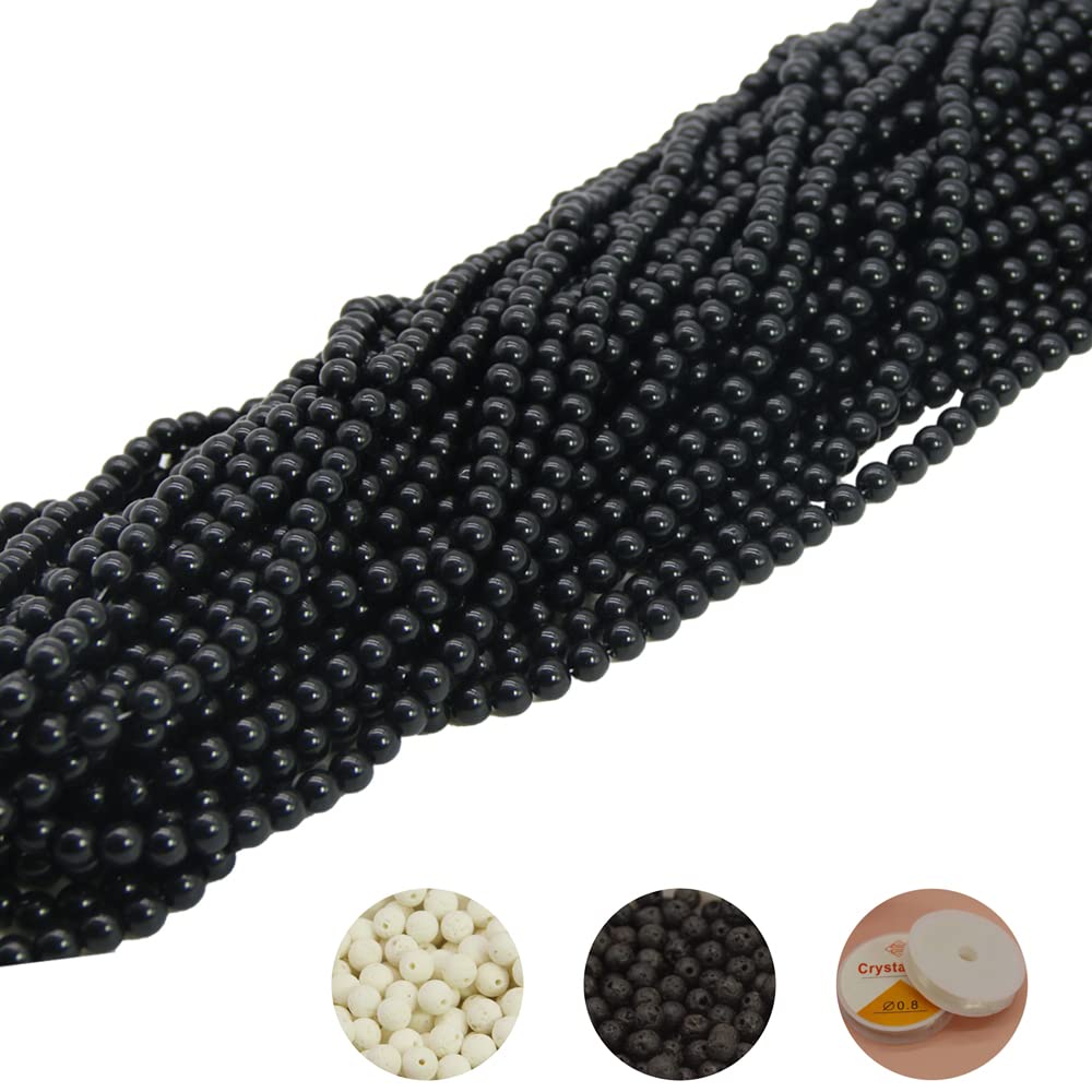 Pamir Tong 600PCS Black Glass Round Beads Bulk， Imitative Jade Beads, Lava Beads, Bracelet Loose Beads for Jewelry Making Earring, Necklaces, and DIY Crafts (8mm Black)