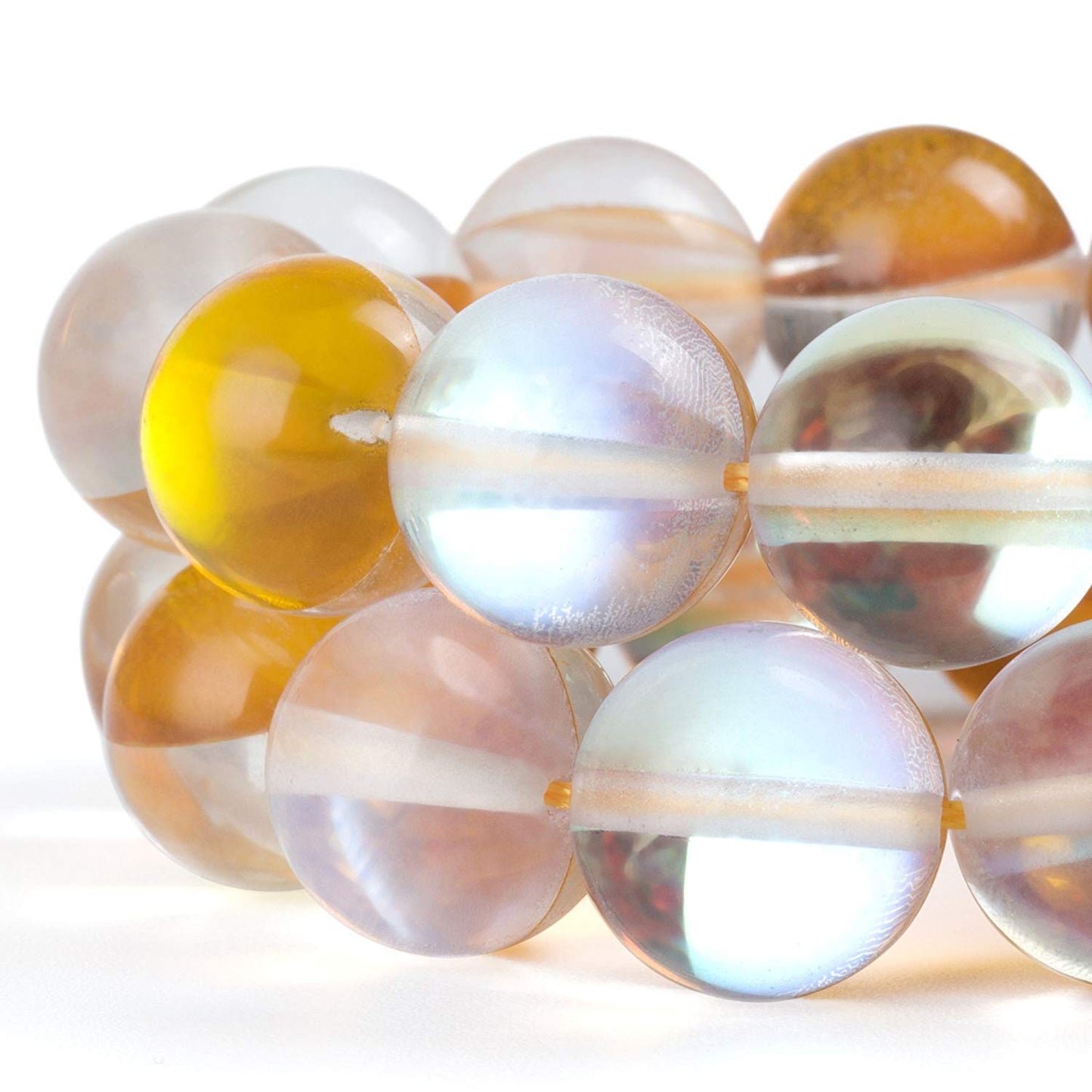 RUBYCA Round Moonstone Crystal Glass Beads Aura Iridescent for Jewelry Making (1 Strand, 12mm, Gold)