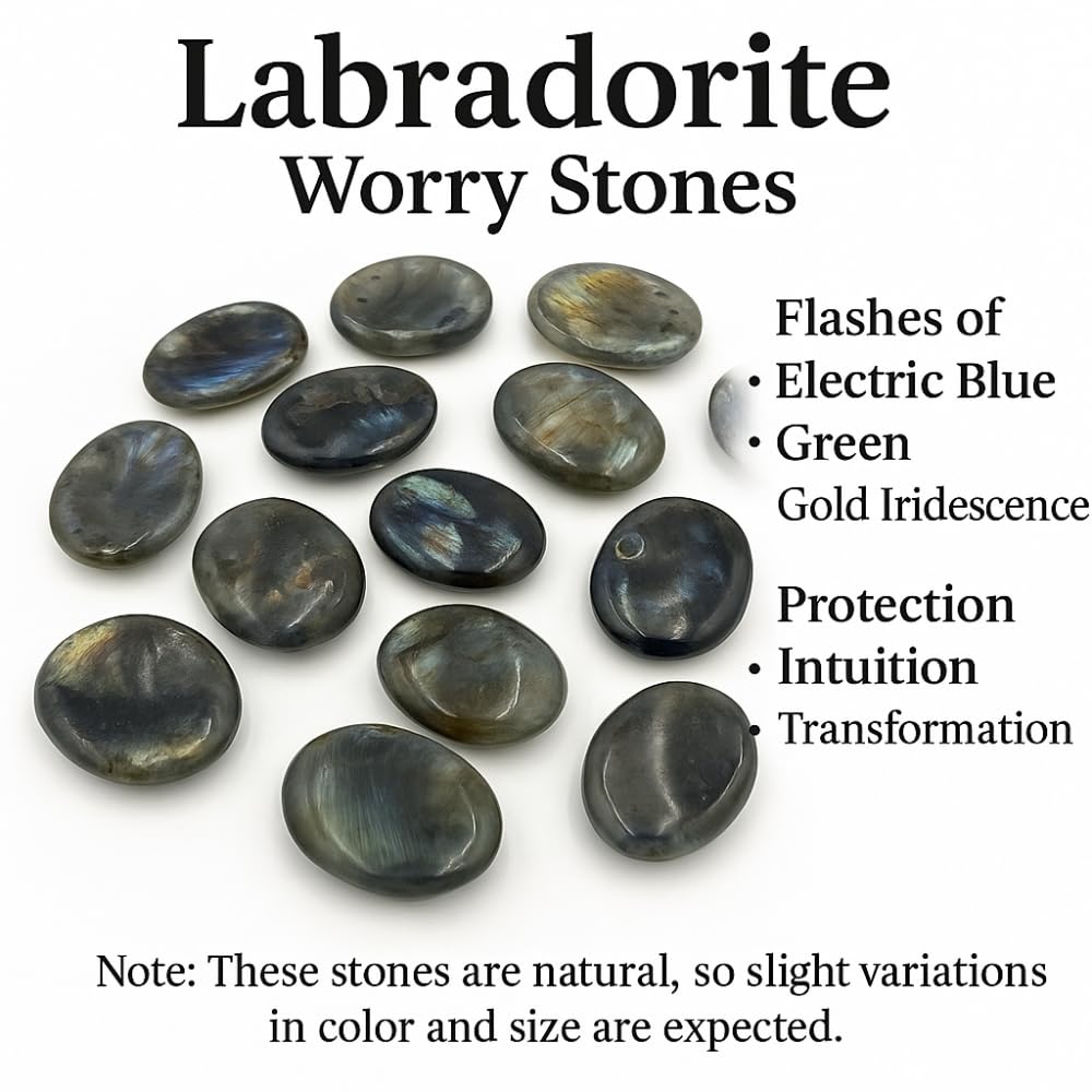 Anaya Agate Labradorite Worry Stone 35-40mm – Healing Thumb Crystal for Anxiety & Stress Relief – Palm Meditation Stone with Velvet Pouch Christmas Gift for Men & Women