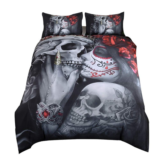 Suncloris 3D Dark Gothic Sugar Skull Roses Queen Duvet Cover Set 3Pcs (Queen)