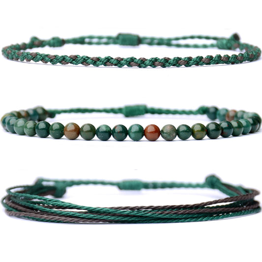 Handmade Natural Stone Beaded Healing Bracelet Gift for Men Adjustable Rope String Bracelet (India Blood Agate, Adjustable)