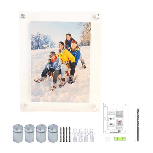 Premium Floating Acrylic Picture Frame with Polished Edges & Silver Aluminum Standoffs - Easy Wall Mount Kit Included: drill Bit, Level, Template. (Silver, Insert Size 8.5"x11", Full Frame 11"x13.5")