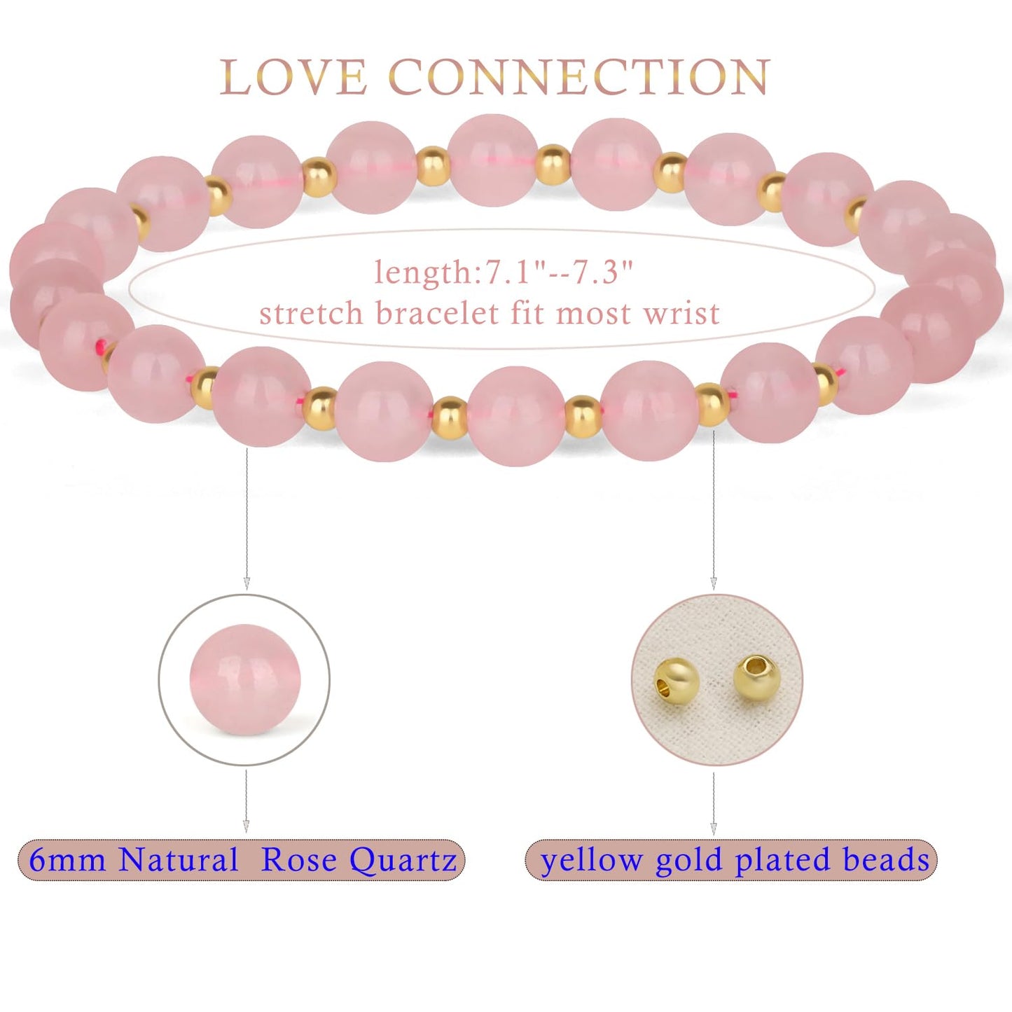 QOGIR Rose Quartz - Love Connection - 14K Gold Plated Beads Natural Gemstone Stretch Elastic Dainty Healing Beaded Bracelets Gifts 6mm