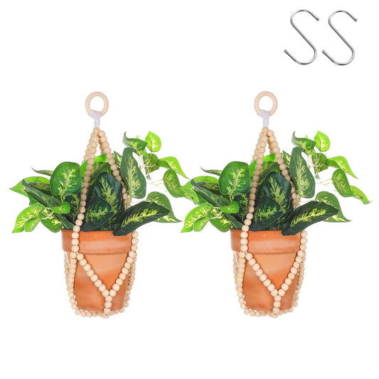 Artilady 2 Pack Beaded Plant Hanger Indoor - Macrame Hanging Planters for Plants Holder No Tassels with Wooden Beads Boho Farmhouse Rustic Home Decor (Wood Color Bead-2pcs)