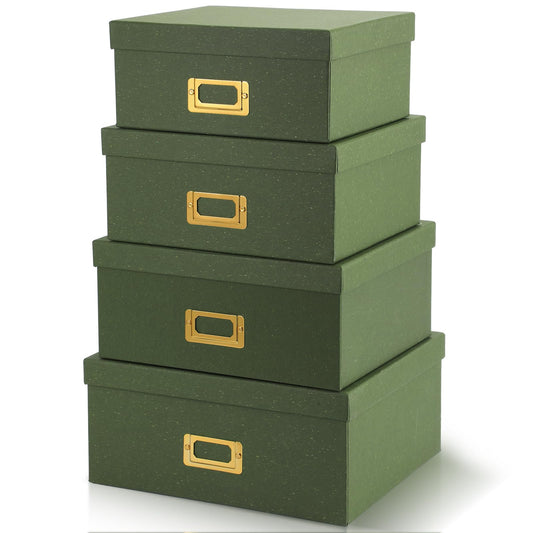 Eaasty Set of 4 Decorative Storage Boxes with Lids, Kraft Paper Boxes with Gold Label Holders, Decorative Photo Memory Keepsakes Storage, Cardboard Organizers for Home Decor, Office Organizing (Green)