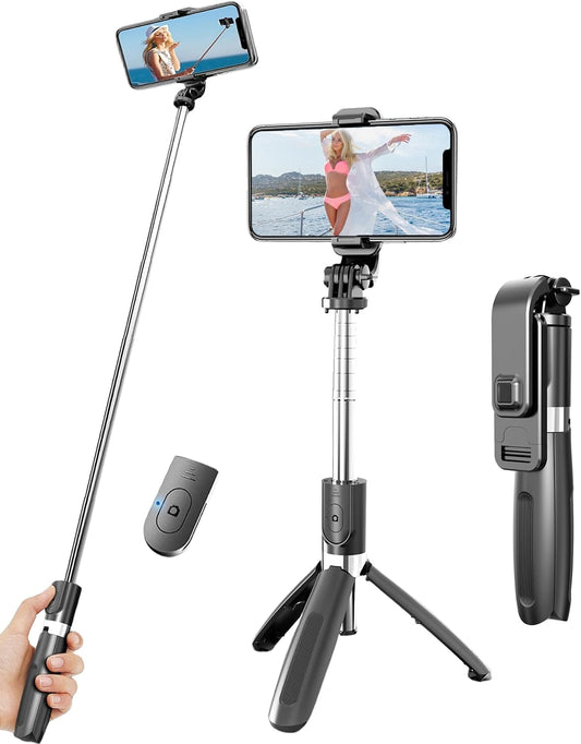BGJOY Selfie Stick Tripod Extendable Phone Tripod Stand with Wireless Remote Portable Lightweight Video Recording