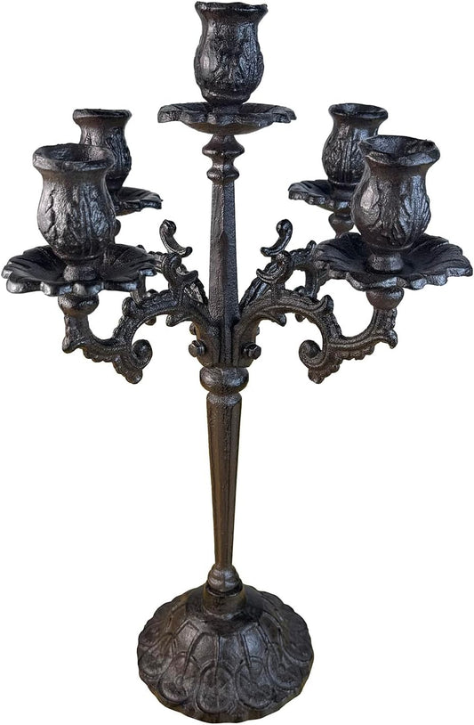 Antique Rust Brown Cast Iron Candelabra - 5-Arm Vintage Floral Candle Holder | 17" Tall Rustic Centerpiece for Holiday Decor