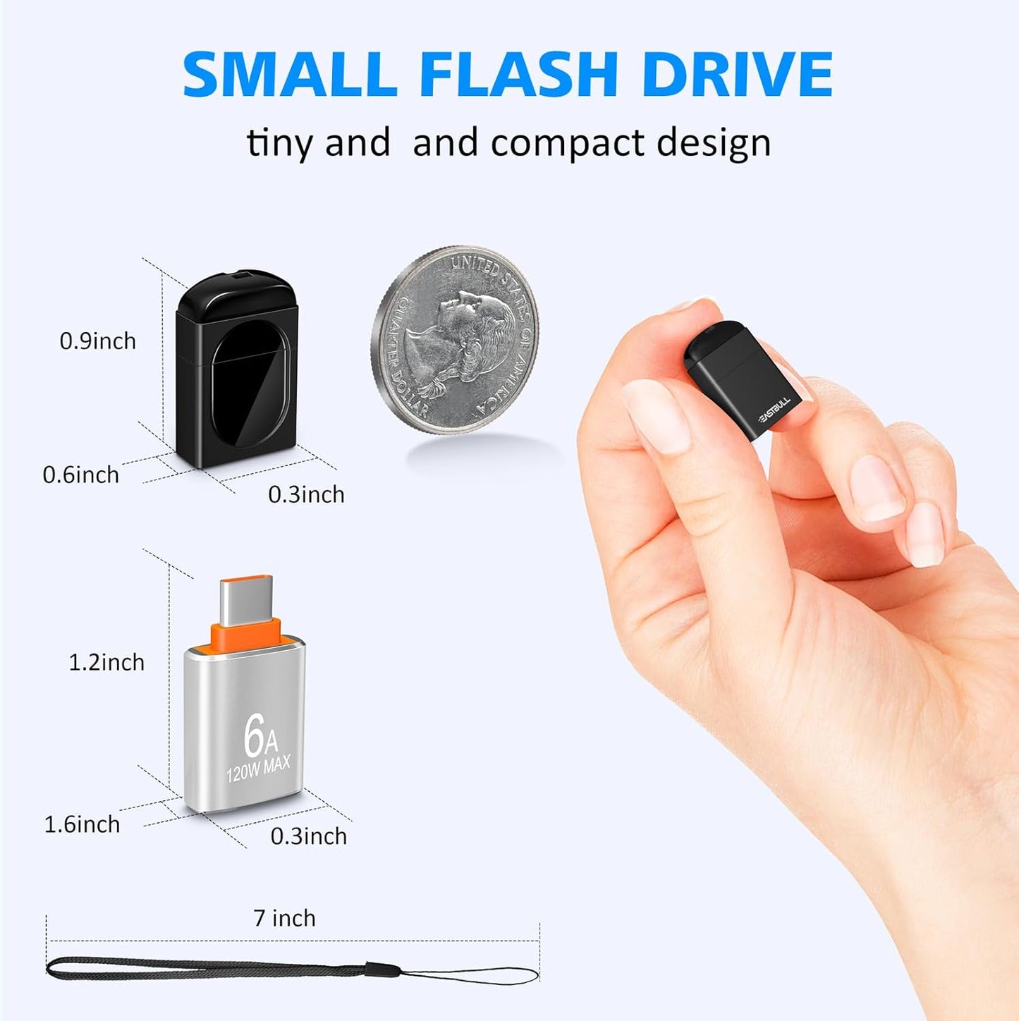 EASTBULL 8GB 5 Pack USB2.0 FAT32 8 5 Pack 1 Small Flash Drives Mini USB Drive with a USB-C Adapter, Mini Thumb Drive GB